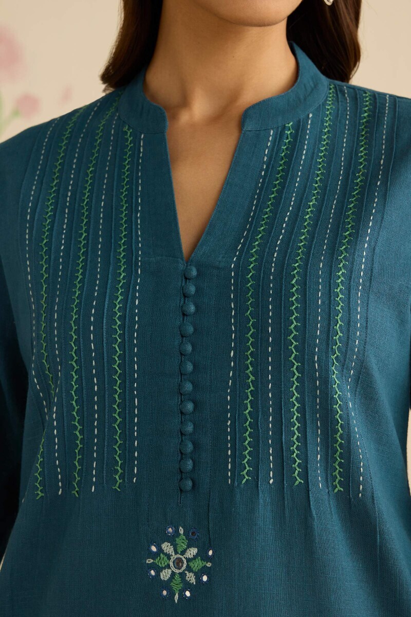 Navy Blue Handcrafted Straight Gauze Slub Kurta