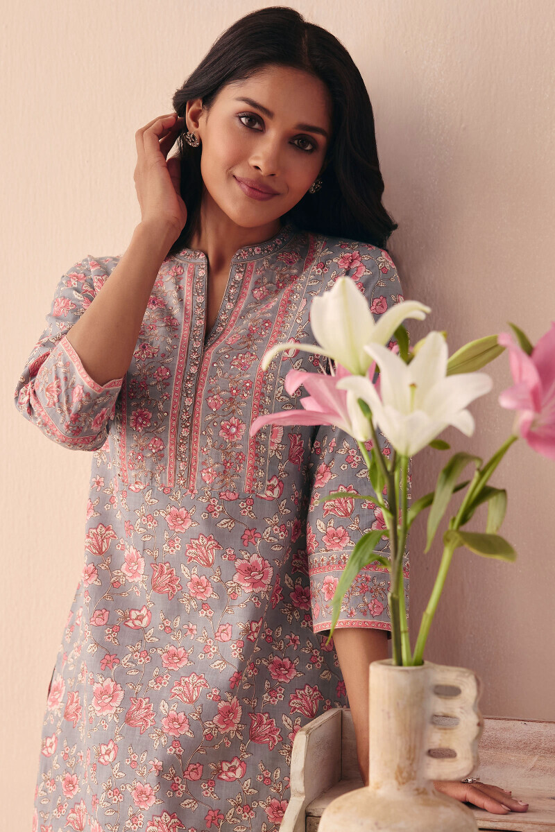 Grey Hand Printed Straight Cotton Slub Kurta
