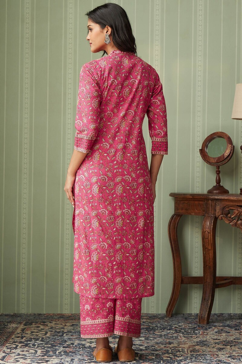 Pink Hand Printed Straight Cotton Kurta