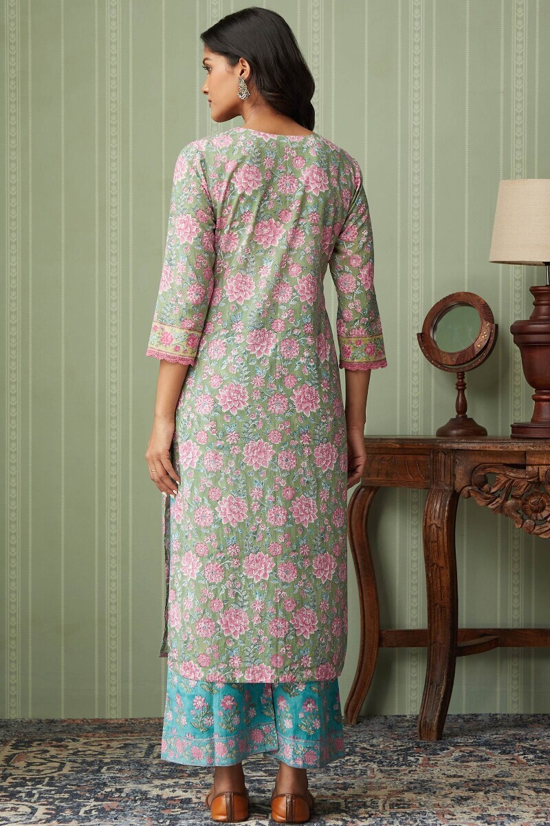 Green Hand Block-Printed Straight Cotton Kurta