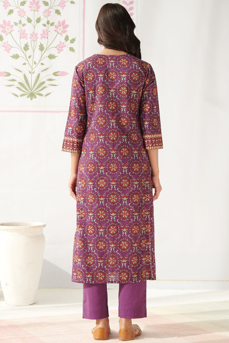 Purple Hand Printed Straight Cotton Kurta