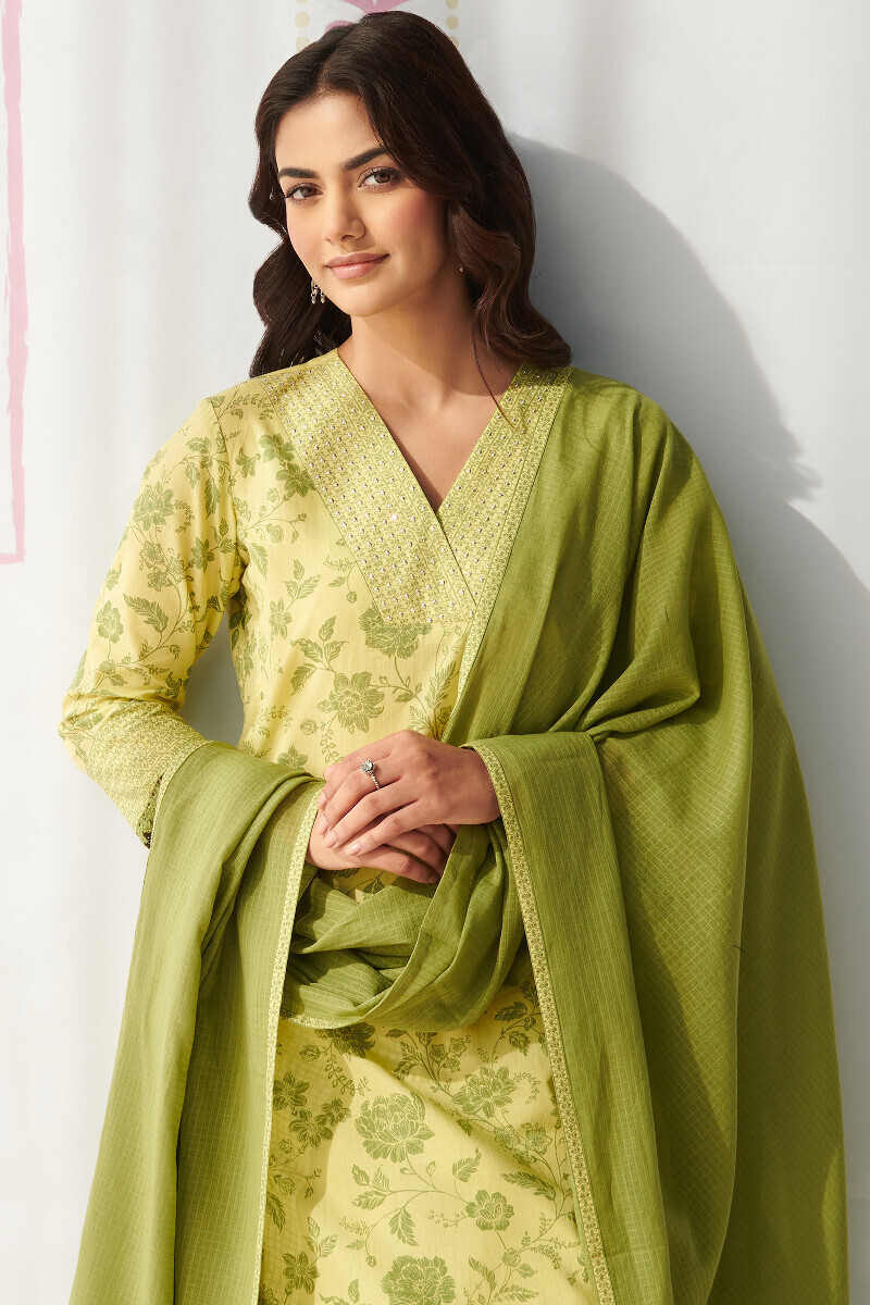 Lime Green Hand Printed Straight Cotton Kurta