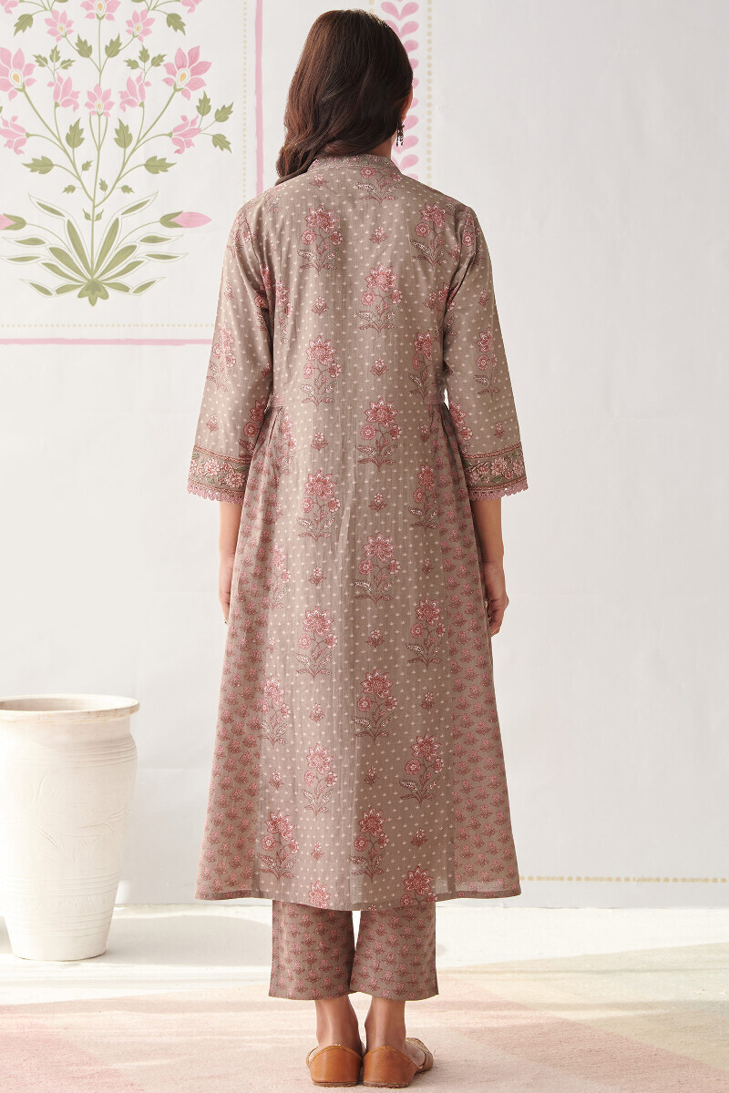 Grey Hand Printed A-Line Cotton Kurta