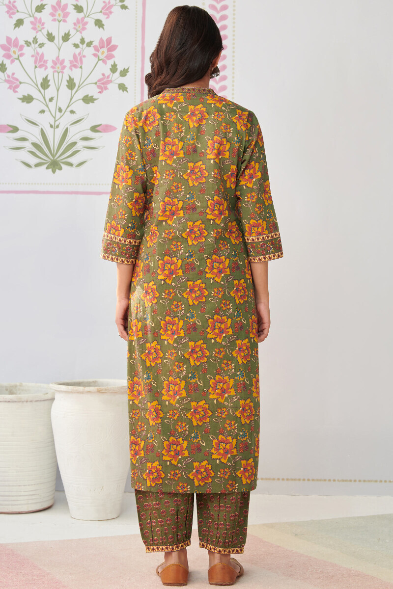 Olive Green Hand Printed Straight Cotton Kurta