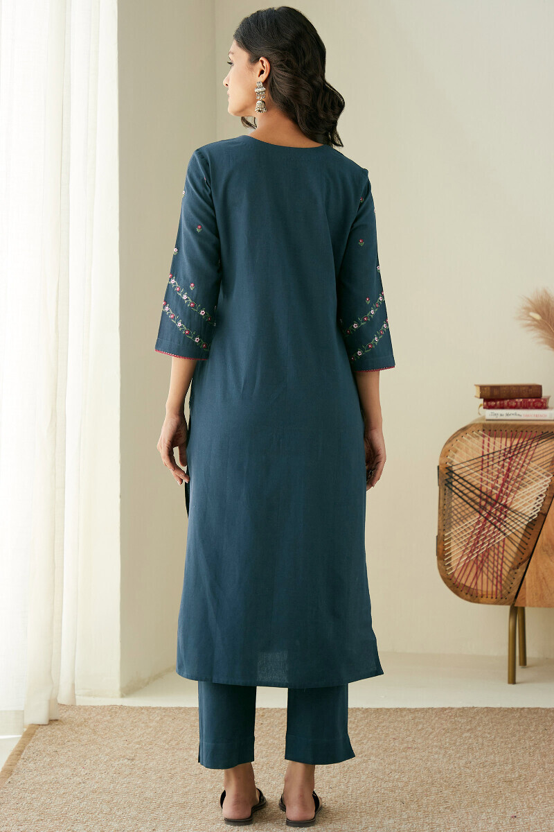 Twilight Blue Handcrafted Straight Cotton Flax Kurta