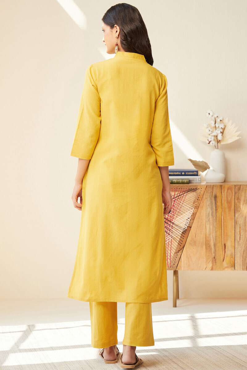 Yellow Handcrafted Straight Cotton Flax Kurta