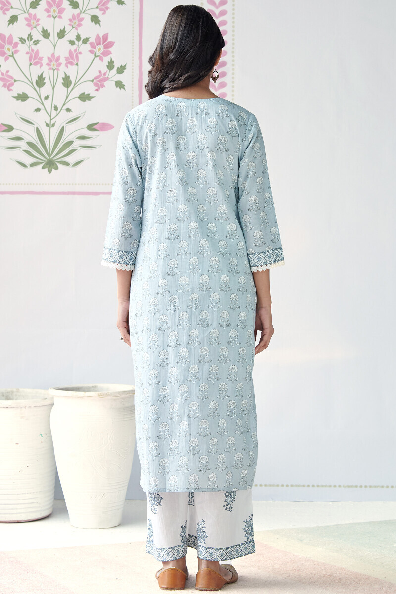 Blue Hand Printed Straight Cotton Kurta