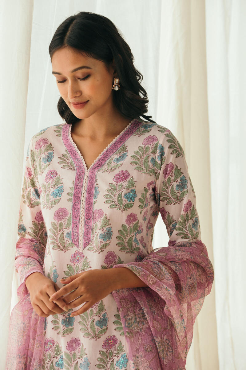 Purple Block Printed Straight Cotton Kurta