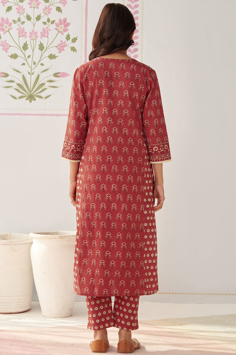 Red Hand Printed Straight Cotton Kurta