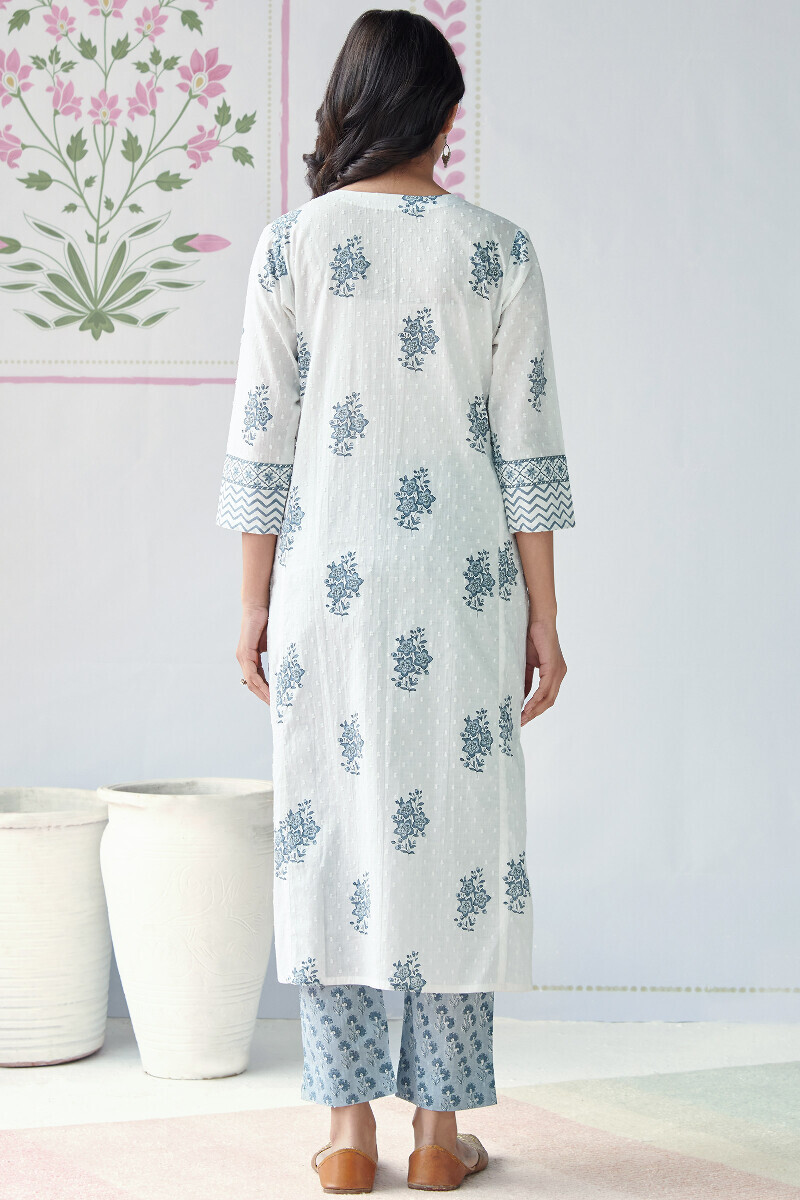 White Hand Printed Straight Cotton Dobby Kurta