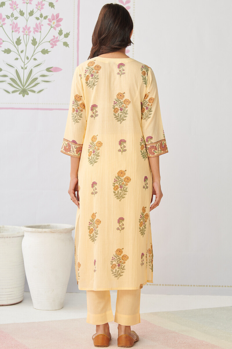 Beige Hand Printed Straight Cotton Dobby Kurta