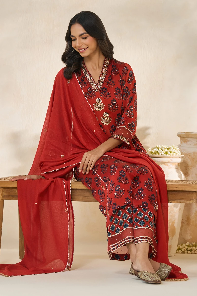 Ajrakh Hand Block-Printed Straight Modal Kurta