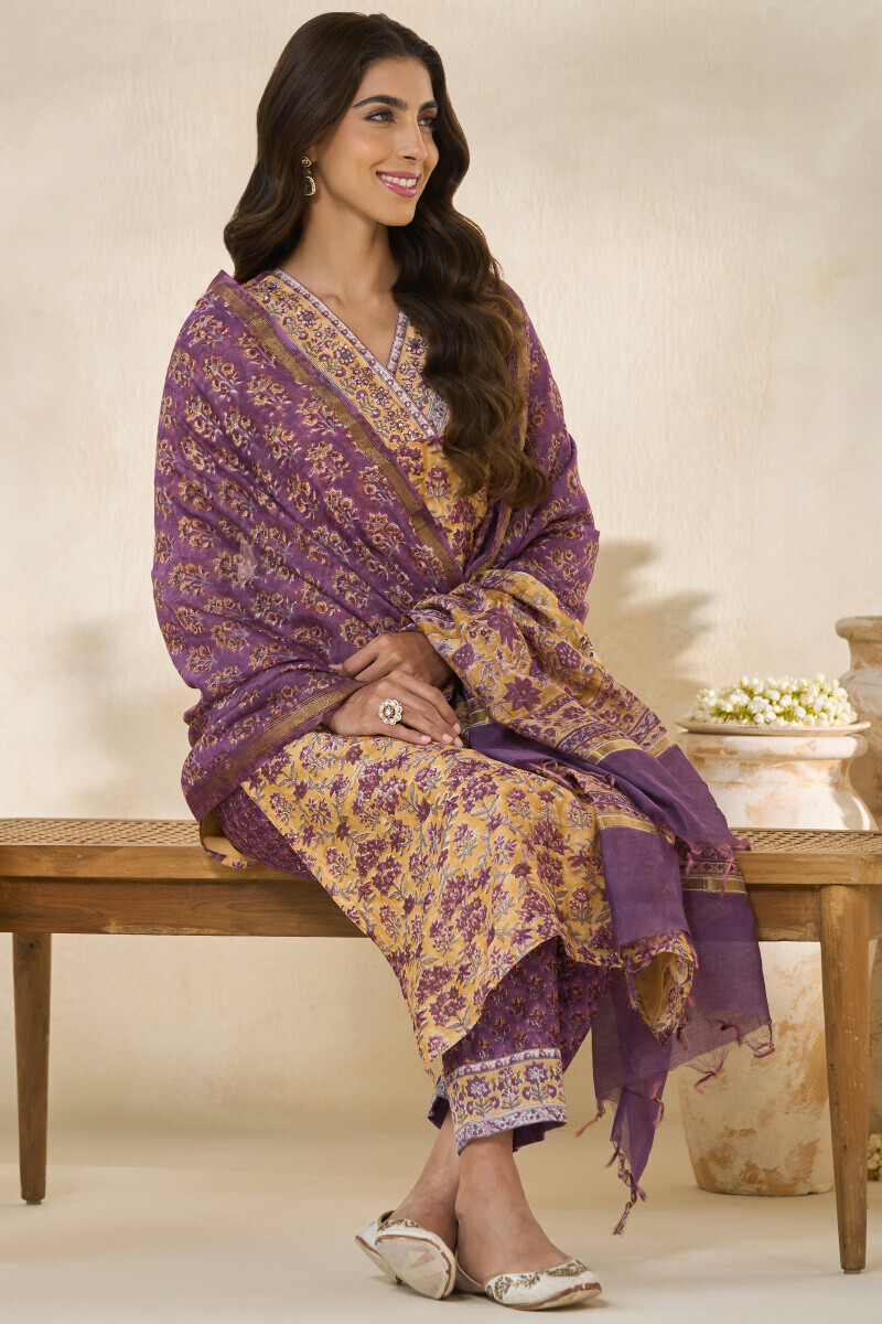 Yellow Hand Block-Printed Straight Chanderi Kurta