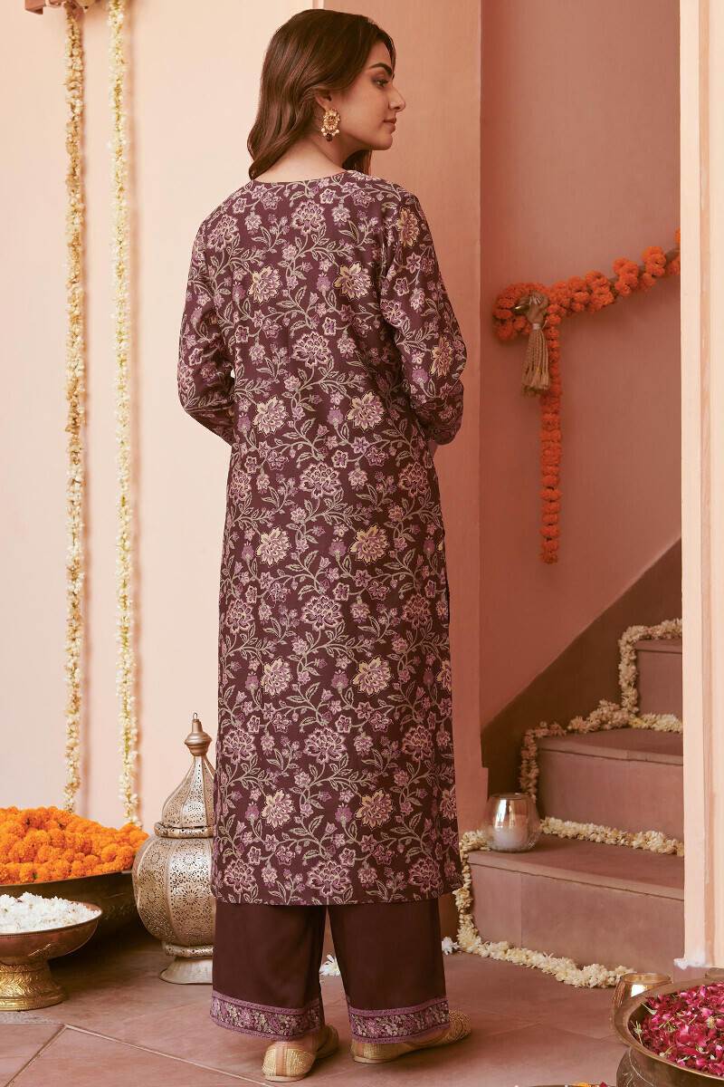 Brown Hand Block-Printed Straight Chanderi Kurta