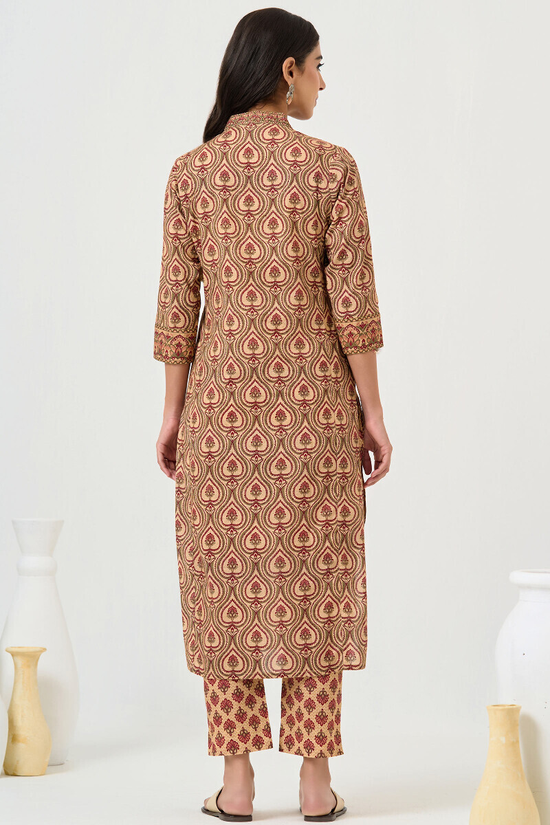Beige Printed Straight Cotton Kurta