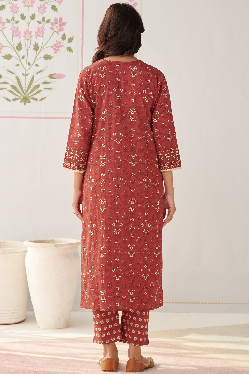 Red Hand Printed Straight Cotton Kurta