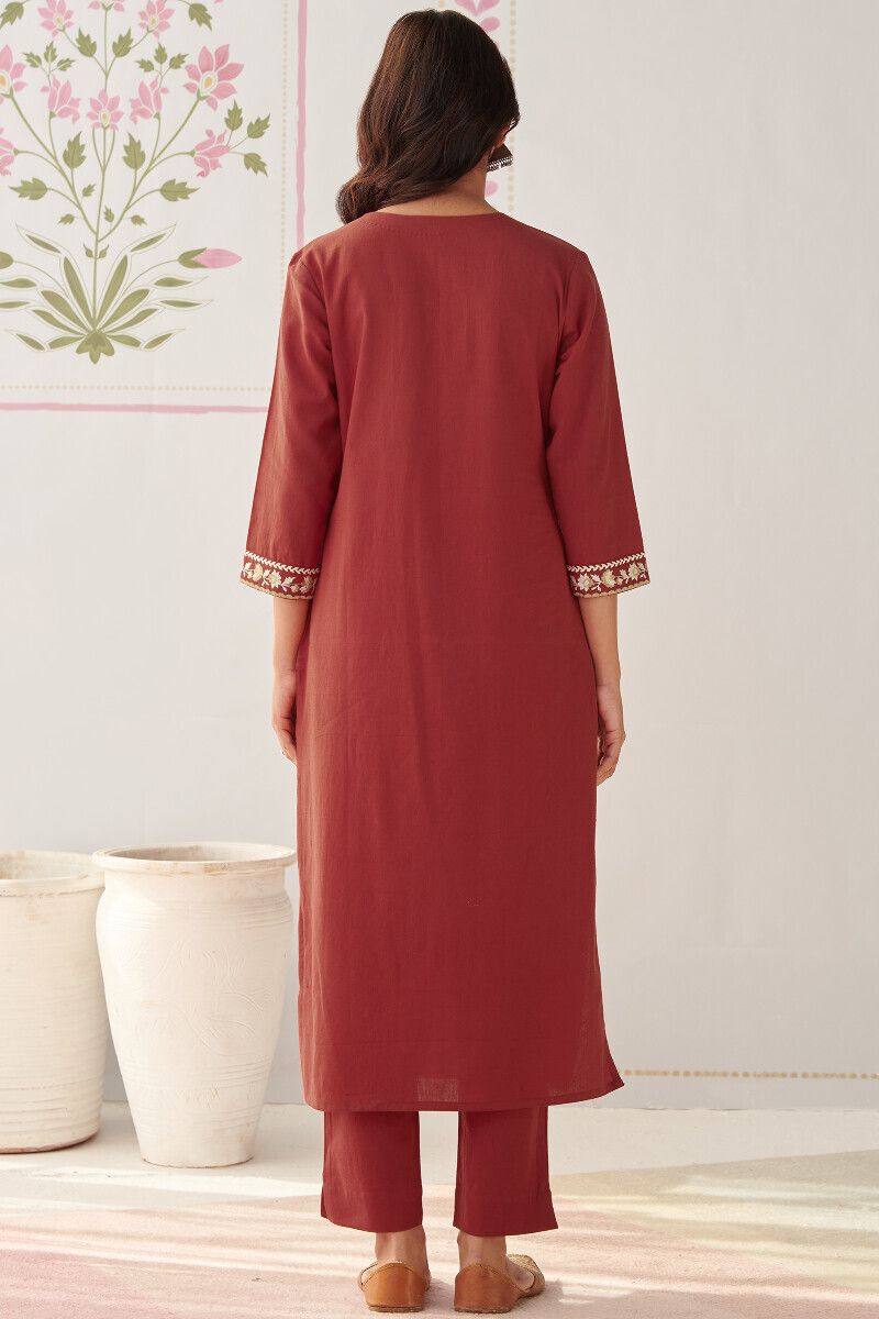 Red Handcrafted Straight Cotton Flax Kurta