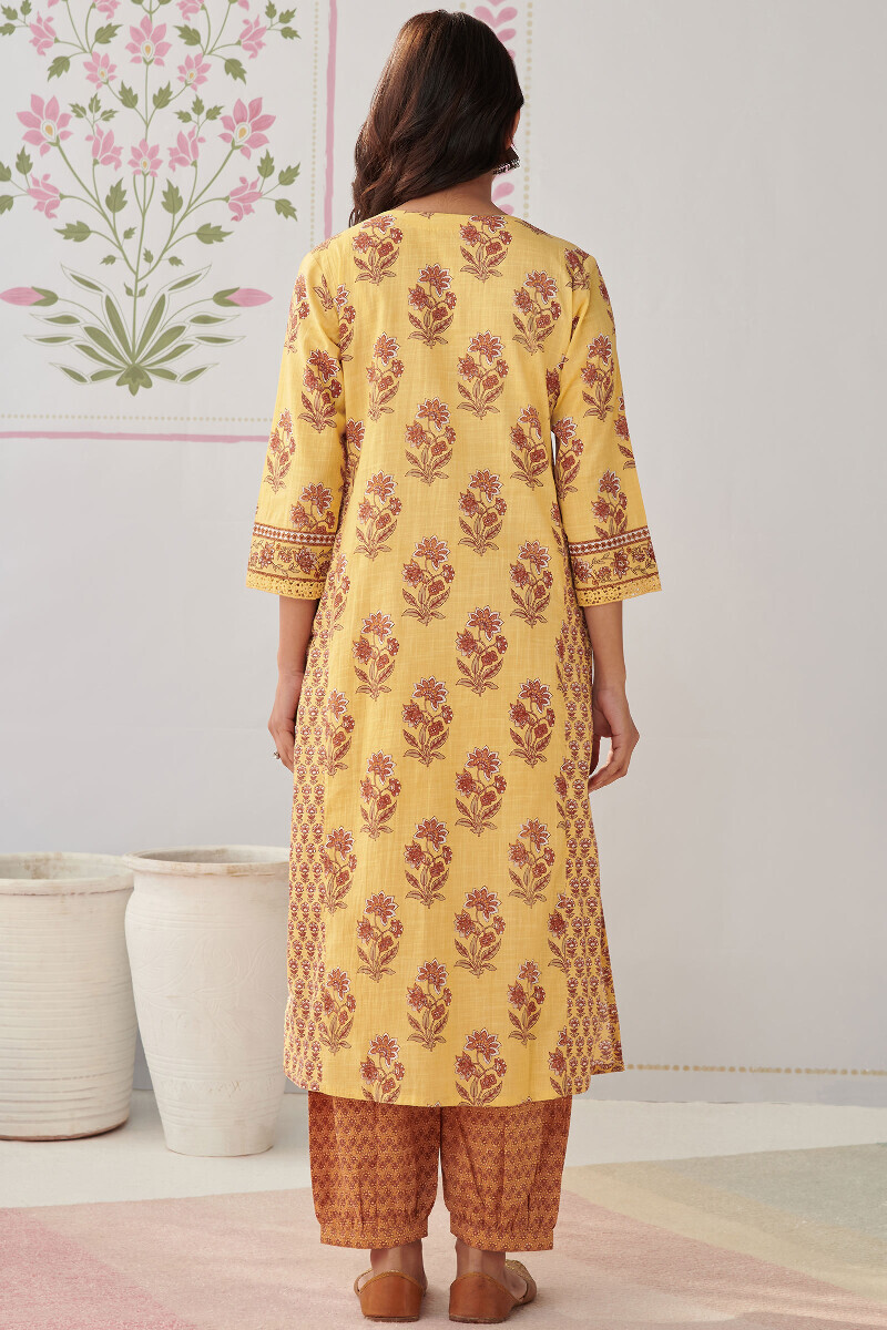 Yellow Hand Printed Straight Cotton Slub Kurta