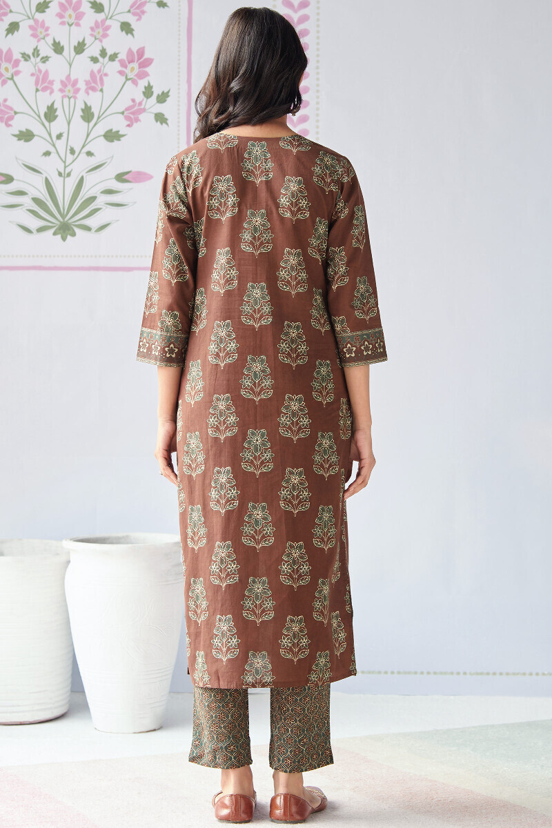 Brown Printed Straight Cotton Kurta