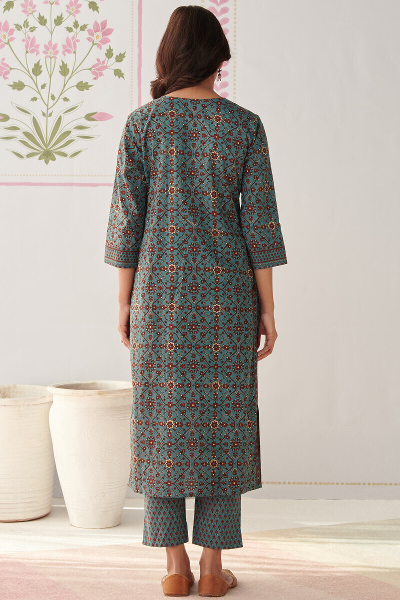 Blue Hand Printed Straight Cotton Kurta