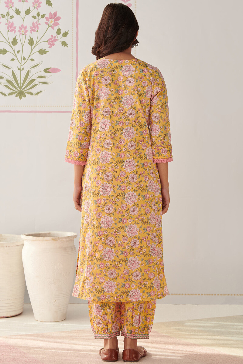 Yellow Hand Printed Straight Cotton Kurta