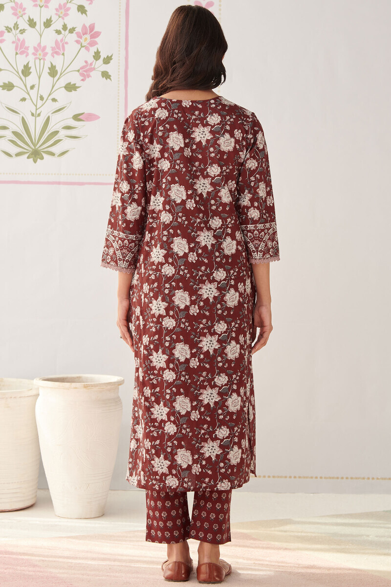 Maroon Hand Printed Straight Cotton Kurta