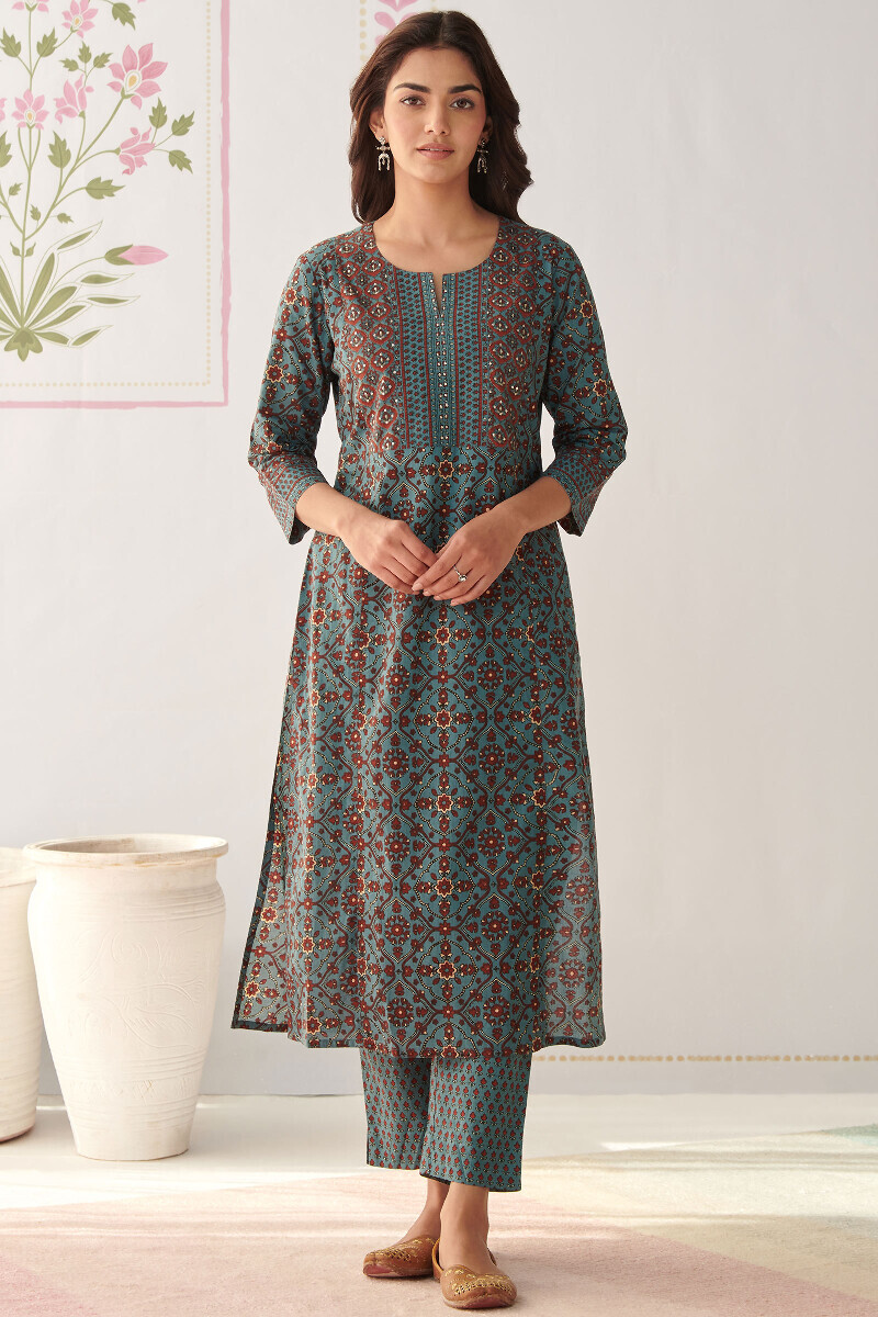 Blue Hand Printed Straight Cotton Kurta