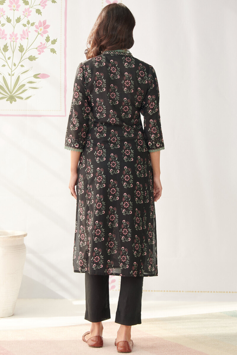 Black Hand Printed Straight Cotton Line Dobby Kurta