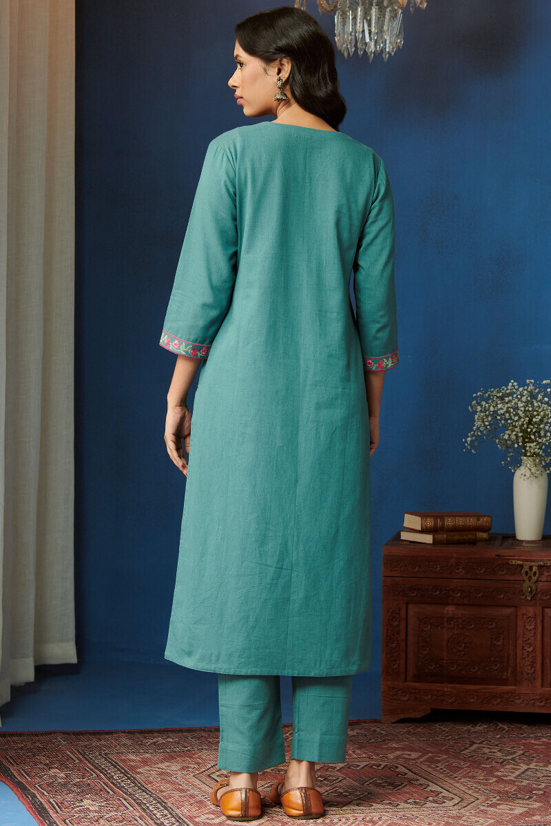 Teal Blue Handcrafted Straight Cotton Flax Kurta