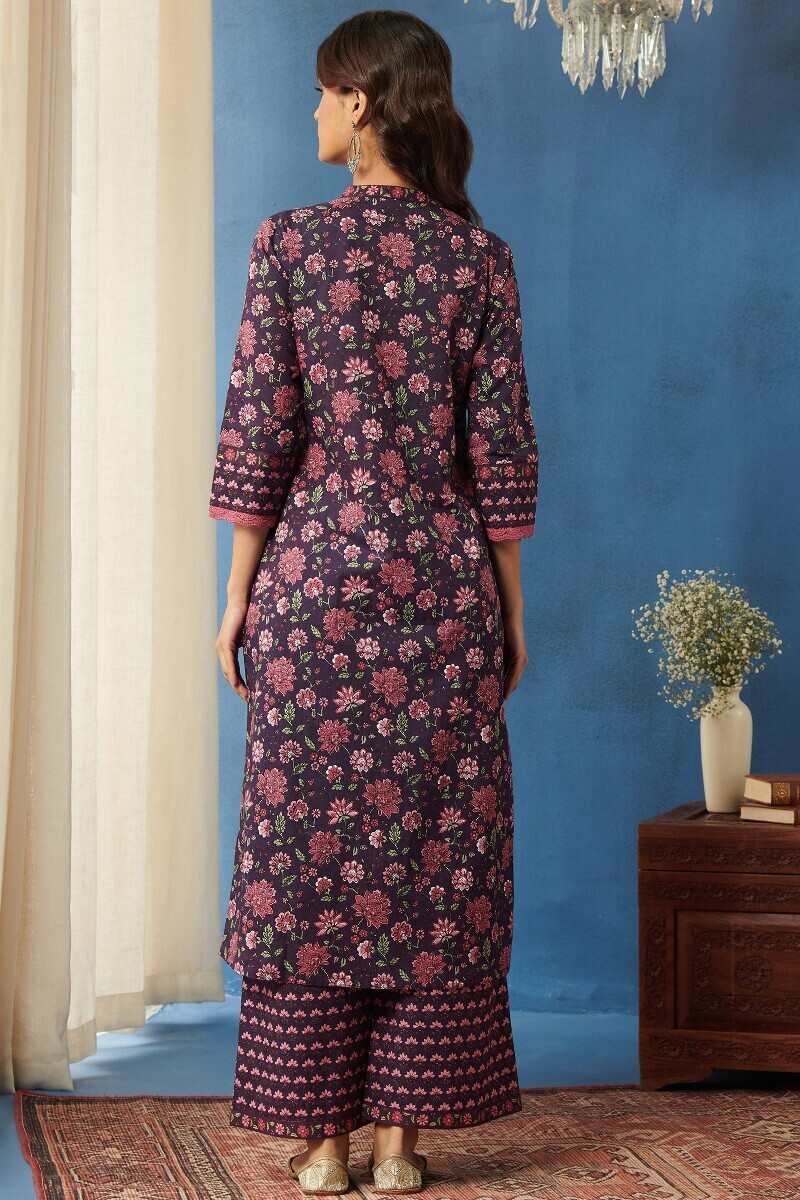 Purple Hand Printed Straight Cotton Kurta