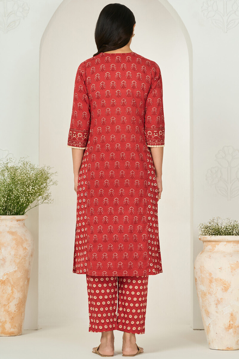 Red Hand Printed Straight Cotton Kurta