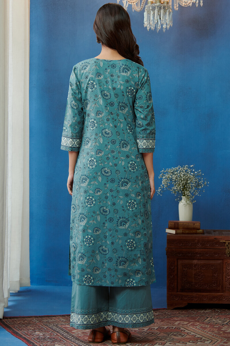 Blue Hand Printed Straight Cotton Kurta