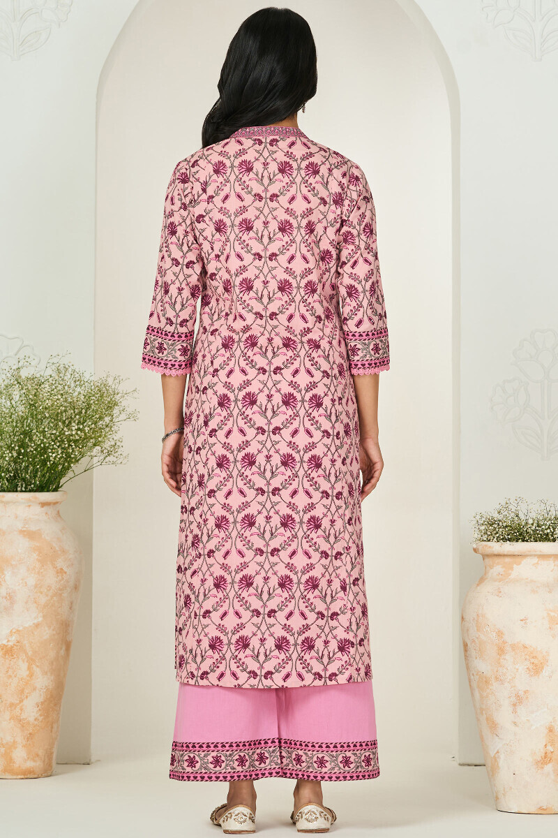 Pink Hand Printed Angrakha Cotton Kurta