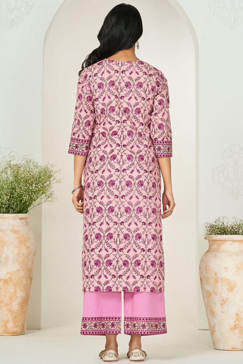 Pink Hand Printed Straight Cotton Kurta