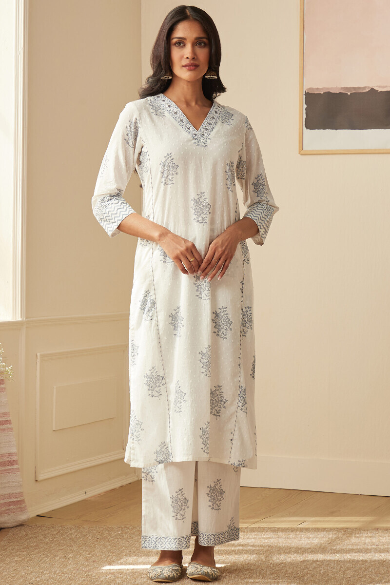 White Hand Block-Printed Straight Cotton Dobby Kurta