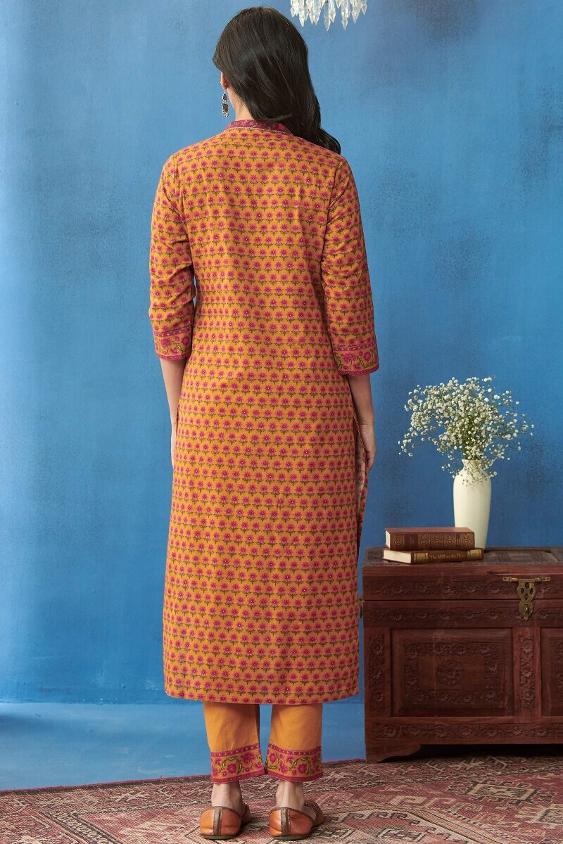 Mustard Printed Straight Cotton Kurta