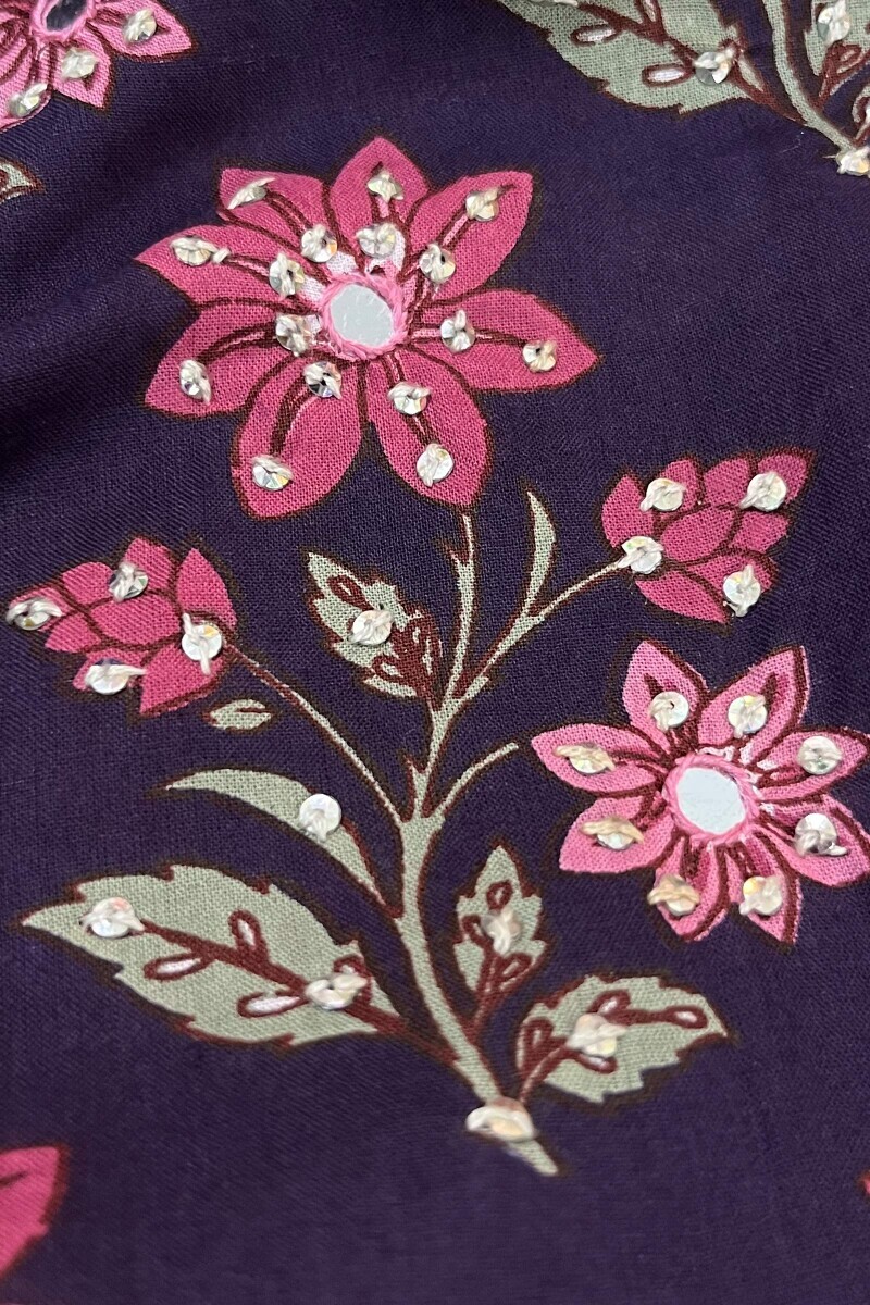 Purple Hand Printed A-Line Cotton Kurta