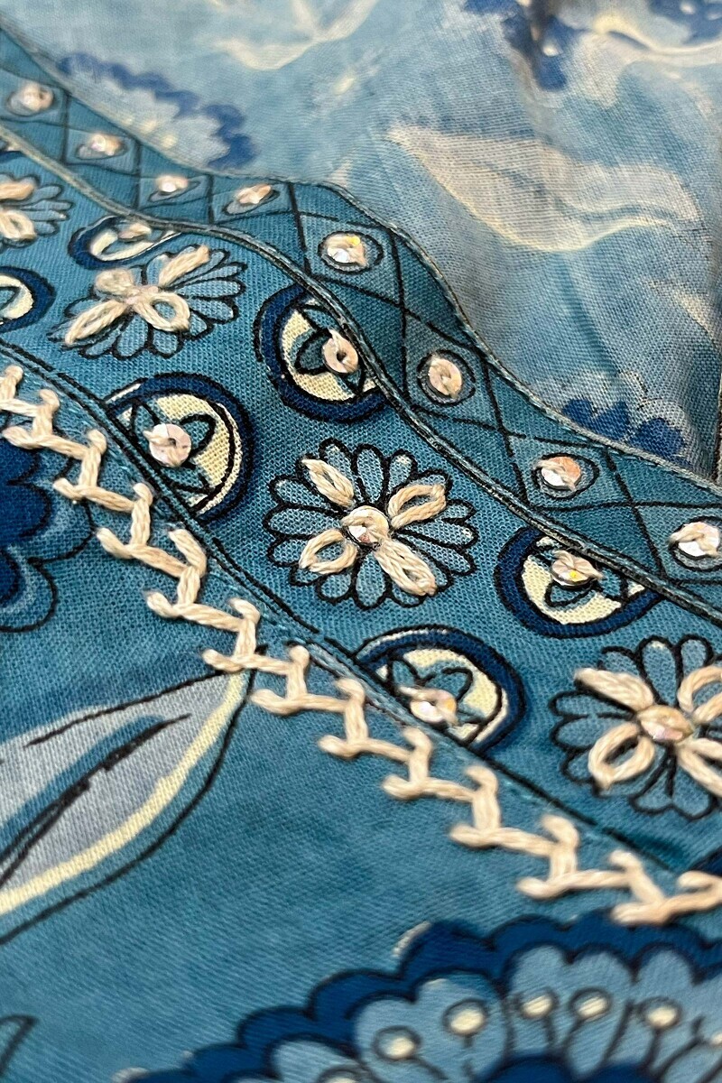 Blue Hand Printed Straight Cotton Kurta