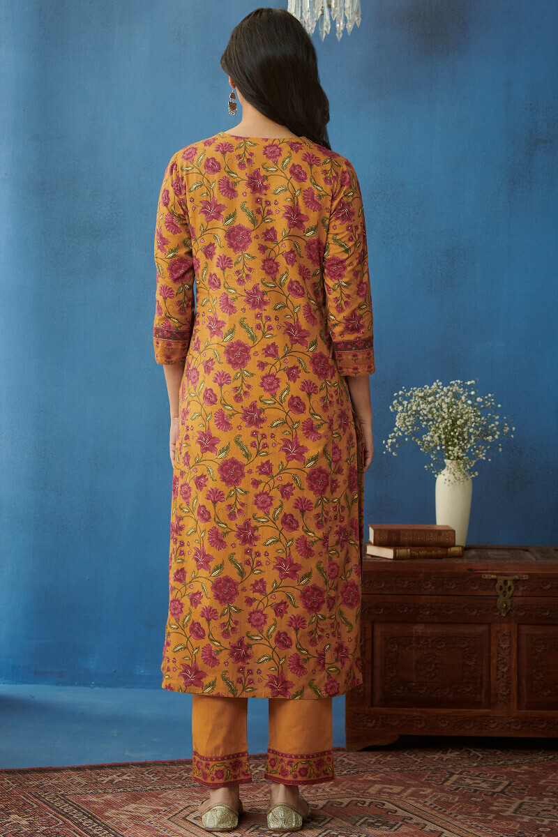 Mustard Printed Straight Cotton Kurta