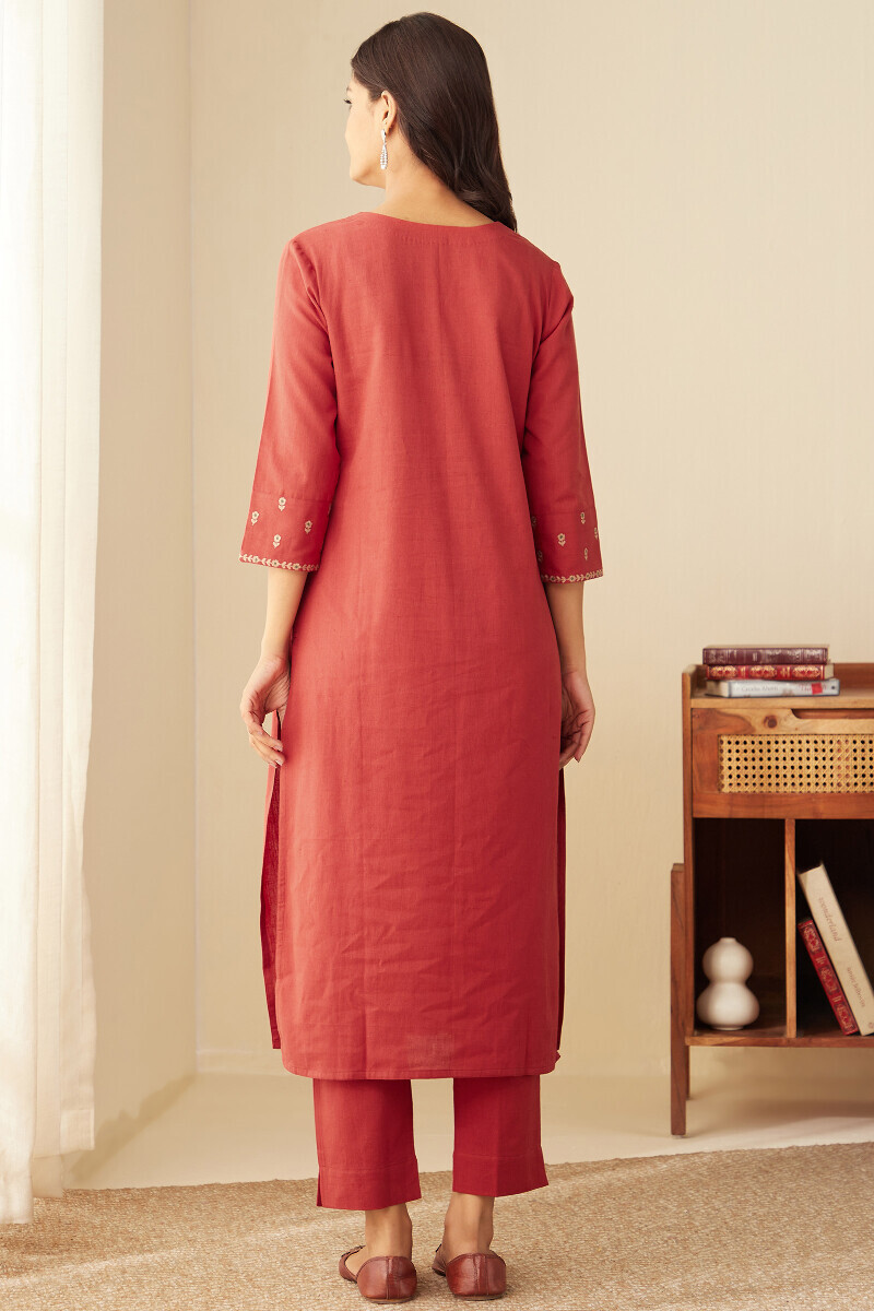 Red Handcrafted Straight Cotton Flax Kurta