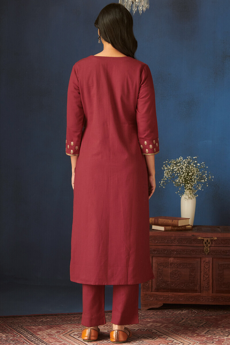 Red Handcrafted Straight Cotton Flax Kurta