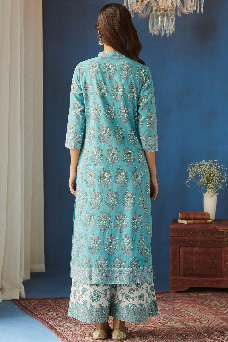 Blue Hand Printed Straight Cotton Slub Kurta