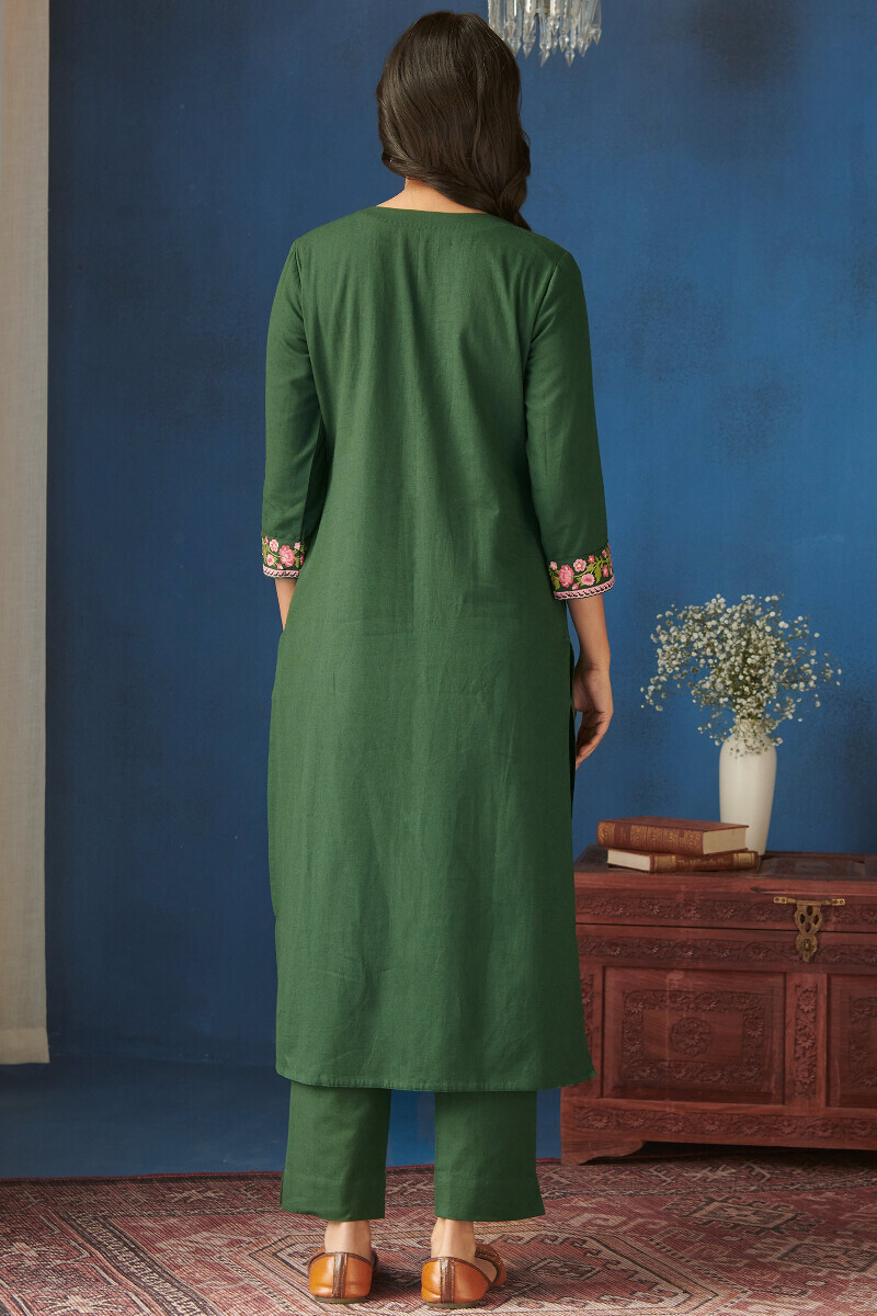 Green Handcrafted Straight Cotton Flax Kurta