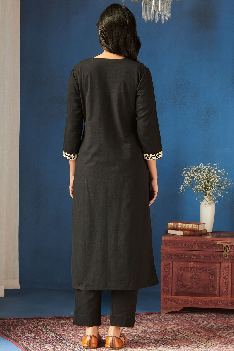 Black Handcrafted Straight Cotton Flax Kurta