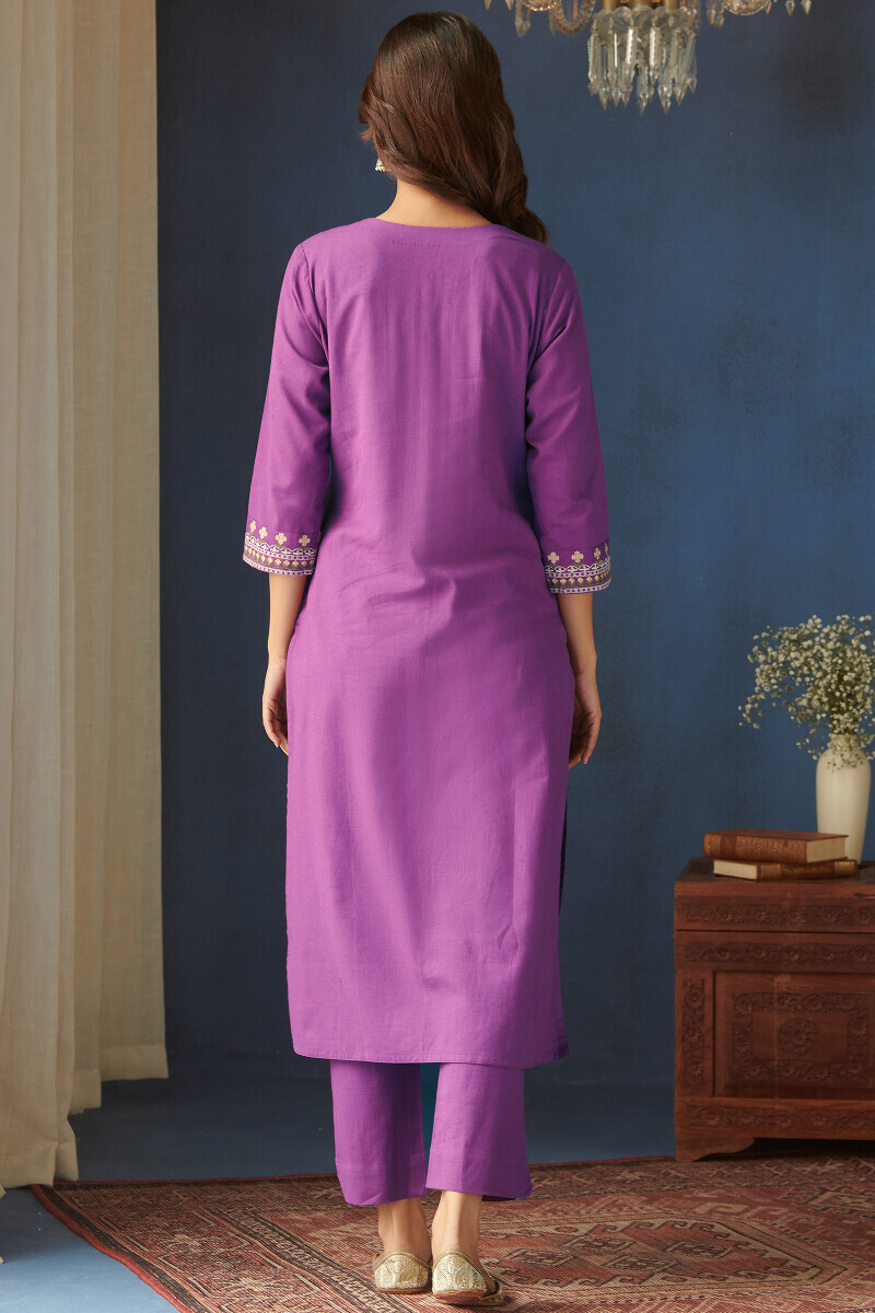 Purple Handcrafted Straight Cotton Flax Kurta