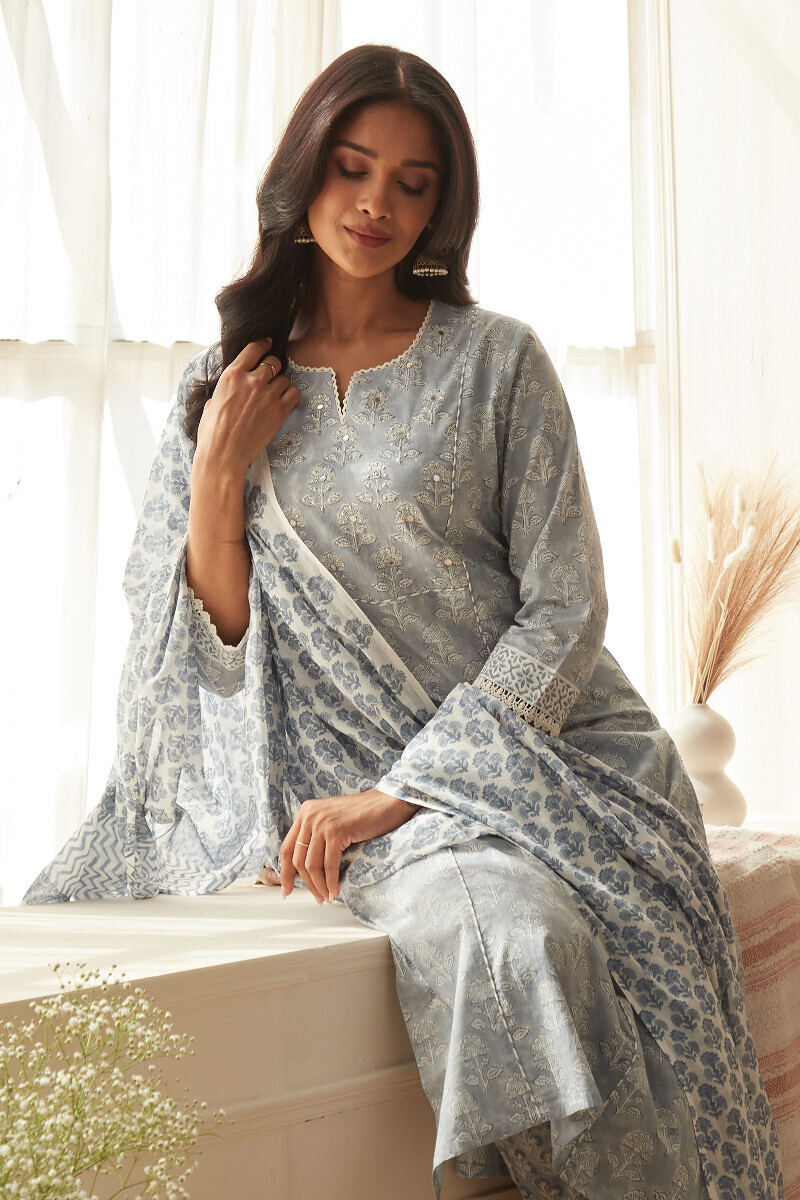 Blue Hand Block-Printed Straight Cotton Kurta