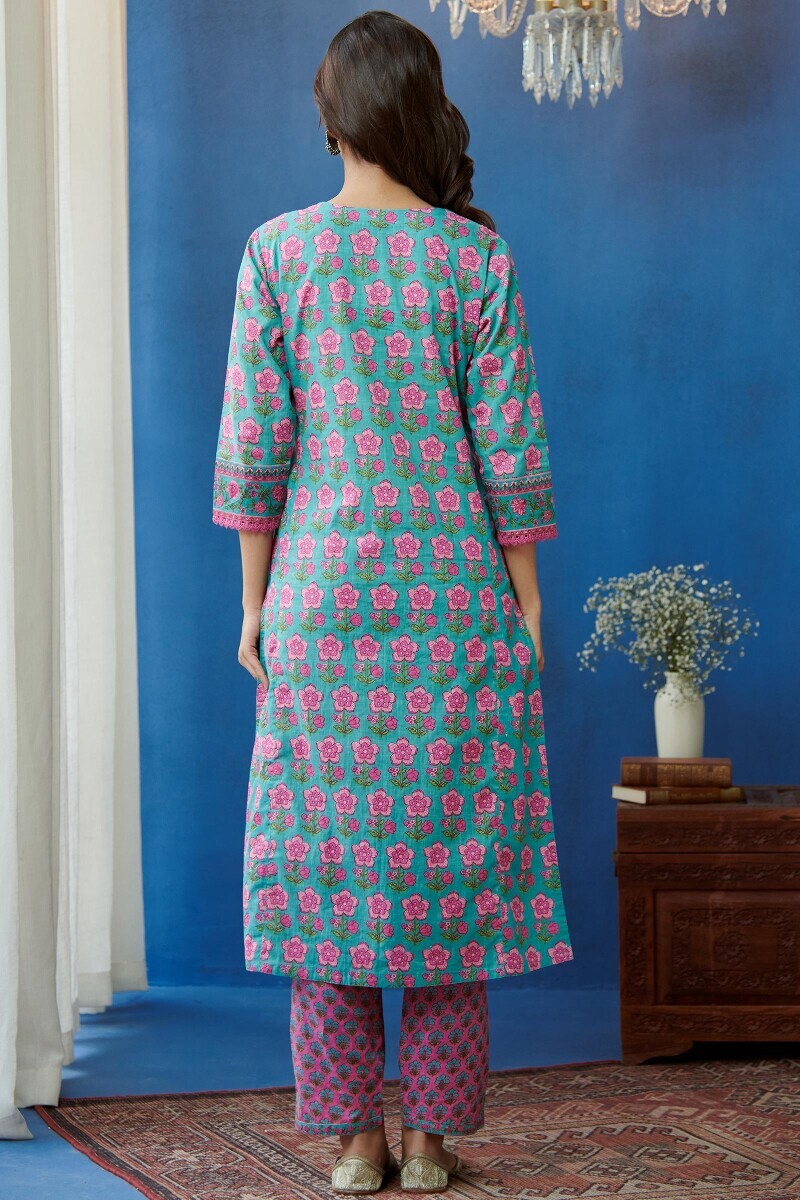 Blue Hand Printed Straight Cotton Slub Kurta