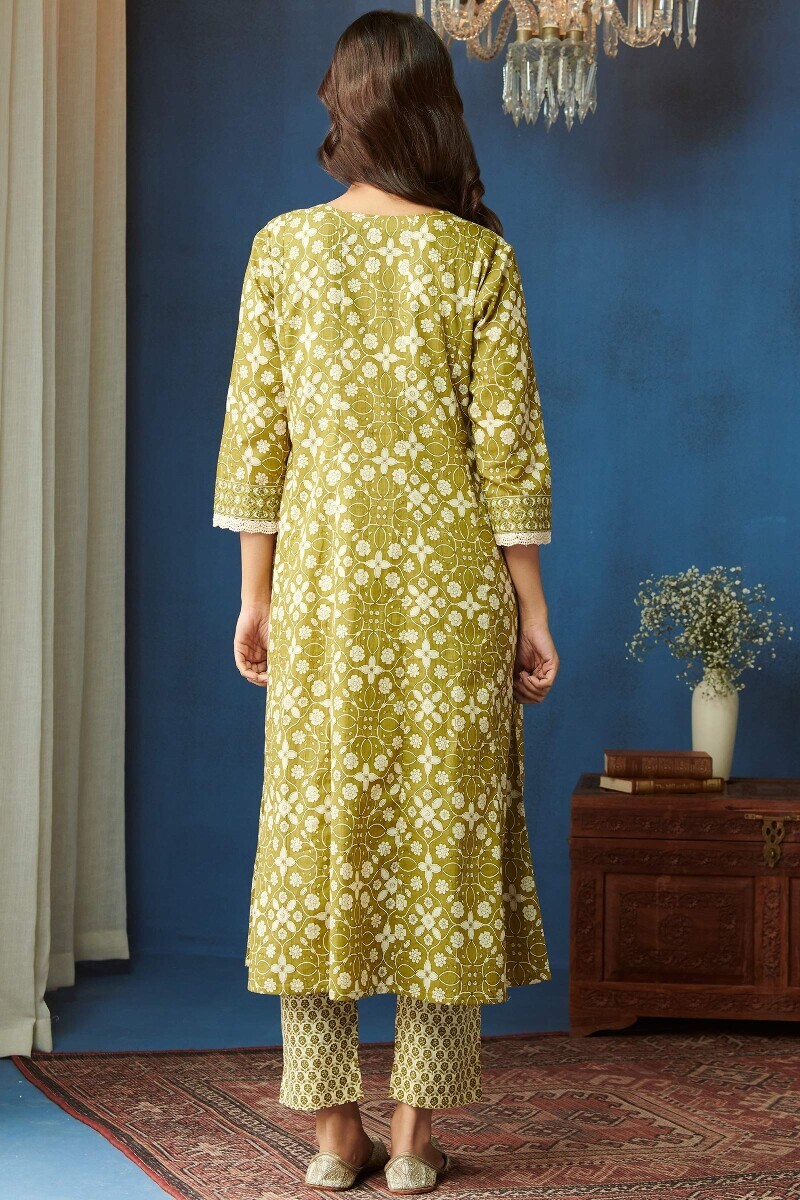 Green Hand Printed Anarkali Cotton Kurta