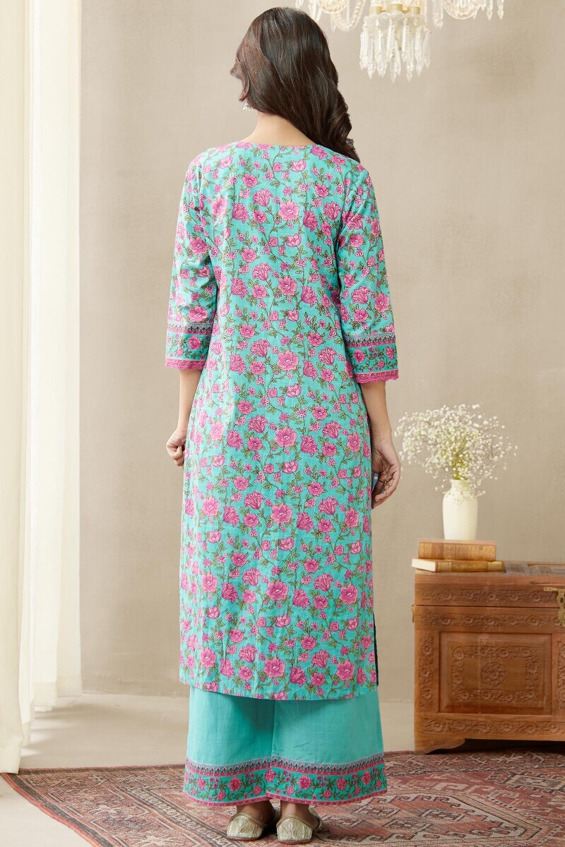 Blue Hand Printed Straight Cotton Slub Kurta