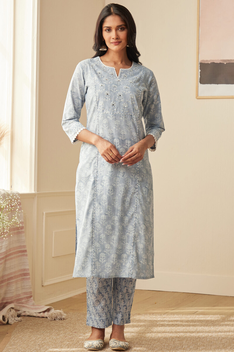 Blue Hand Block-Printed Straight Cotton Kurta
